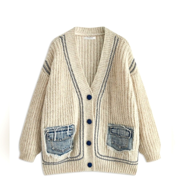Commense Sweaters - Commense Cream Cardigan with Blue Accents